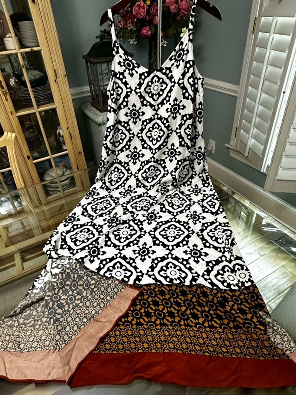 MSK Black and White Patterned Maxi Dress with Colorblock Hem